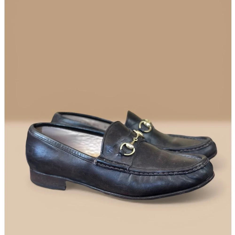 Gucci Horsebit 1953‎ Loafers Size 9B Dark Brown Leather Gold Hardware VTGE Italy